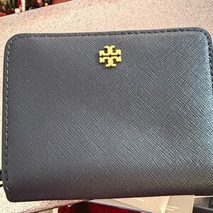Tory Burch Navy Wallet with Gold Emblem